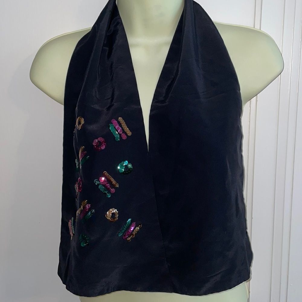 Vtg 60sย Milady Scarf black polyester scarf withโ purple, green & goldโspangles